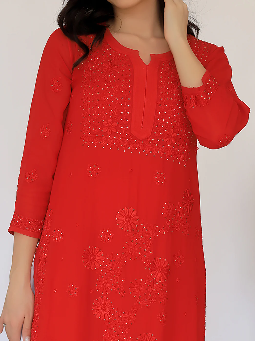 Avni Viscose Chikankari Straight Kurti-Red - Image 2