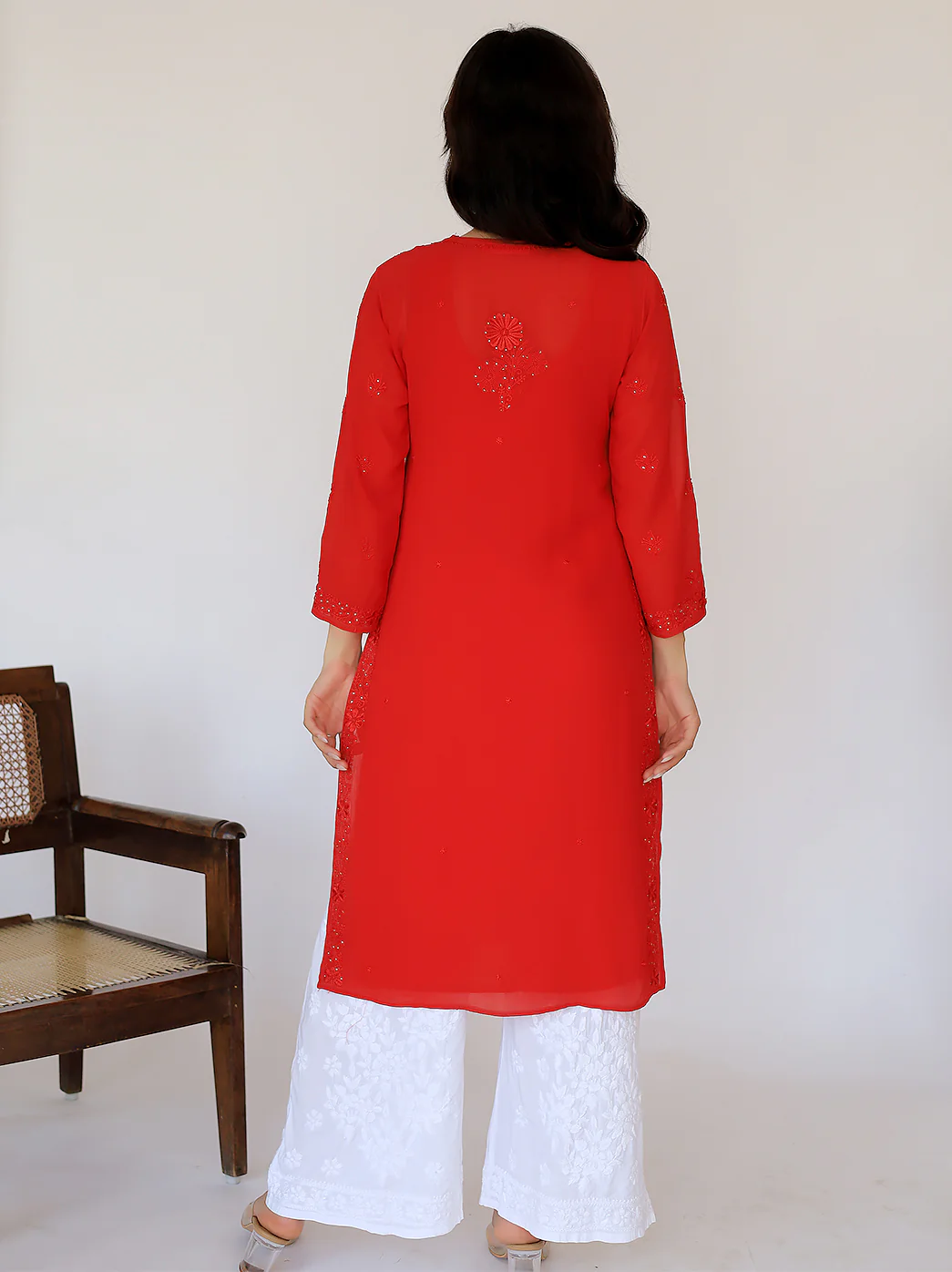 Avni Viscose Chikankari Straight Kurti-Red - Image 3