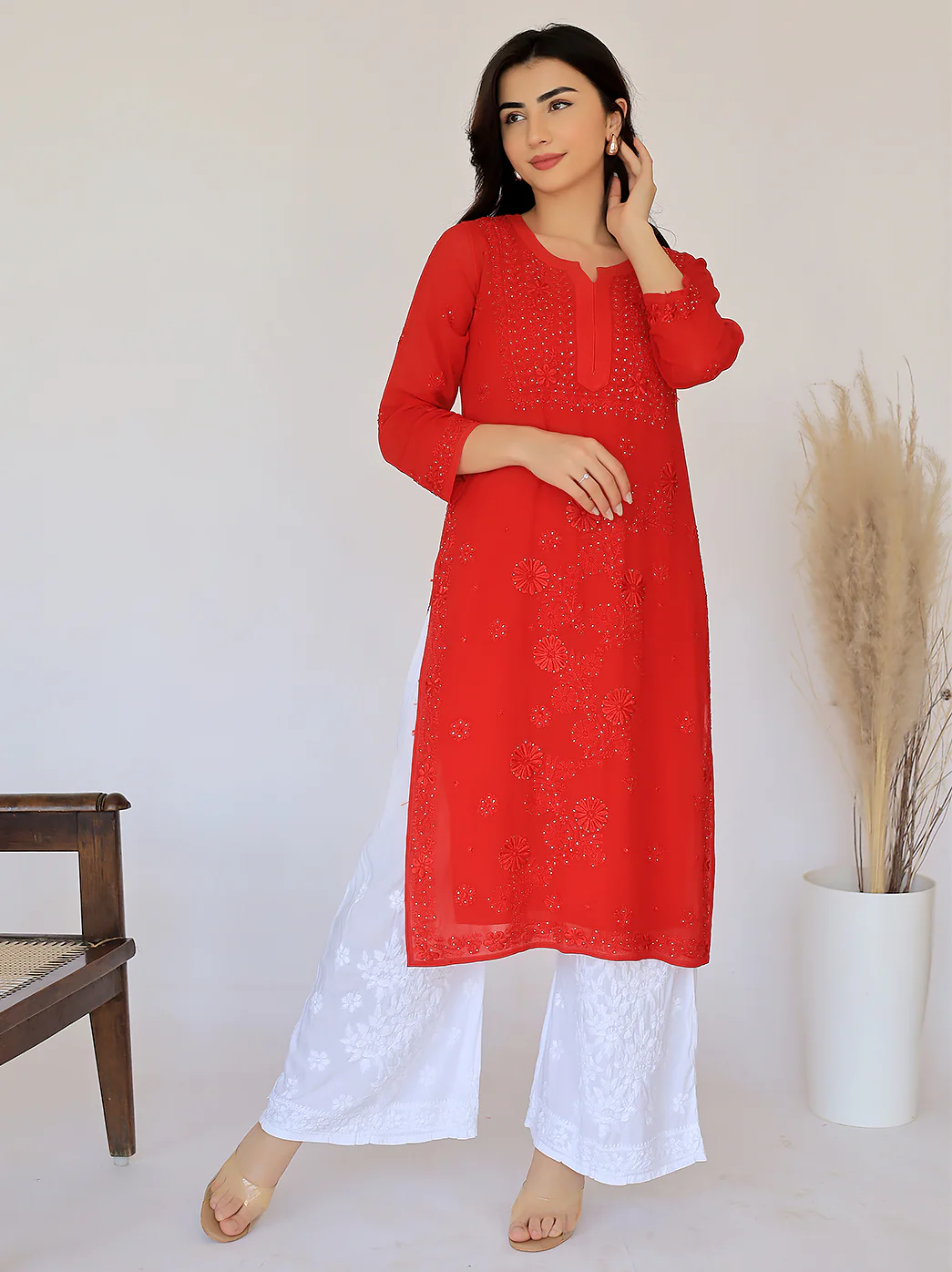 Avni Viscose Chikankari Straight Kurti-Red - Image 4