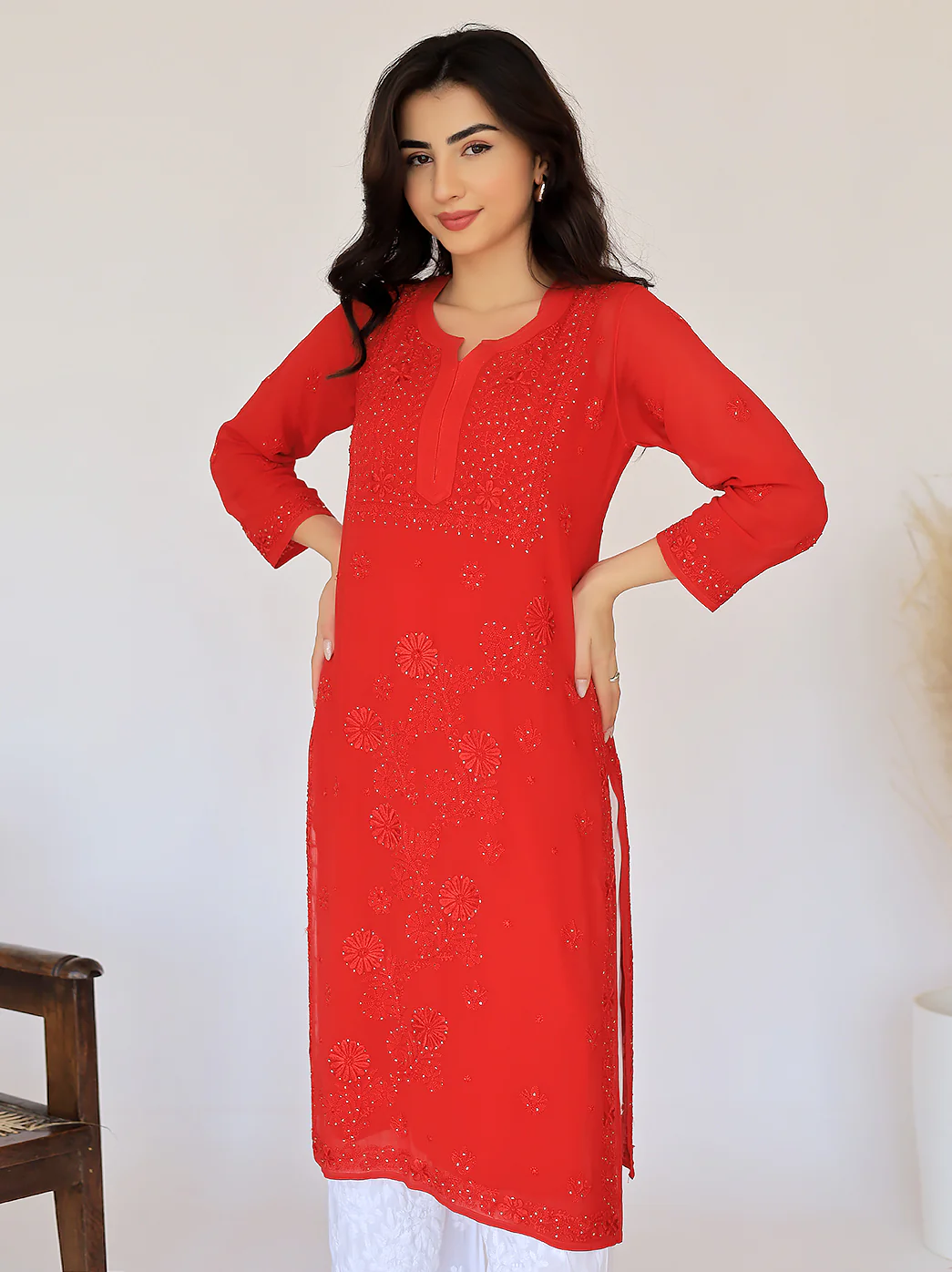 Avni Viscose Chikankari Straight Kurti-Red - Image 5