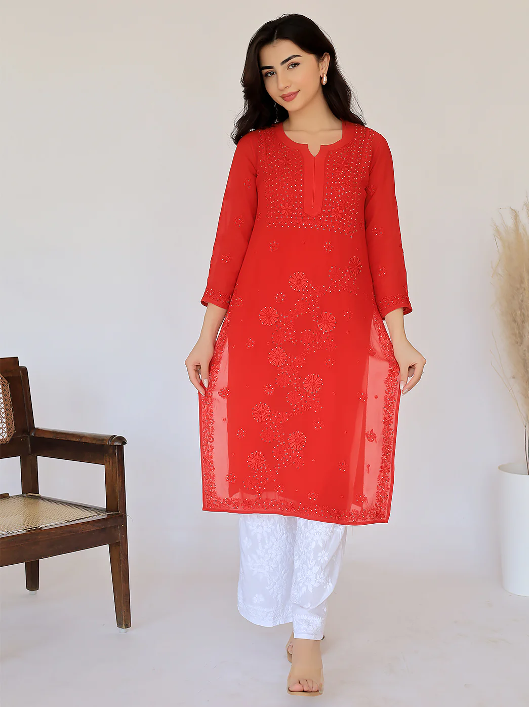 Avni Viscose Chikankari Straight Kurti-Red - Image 6