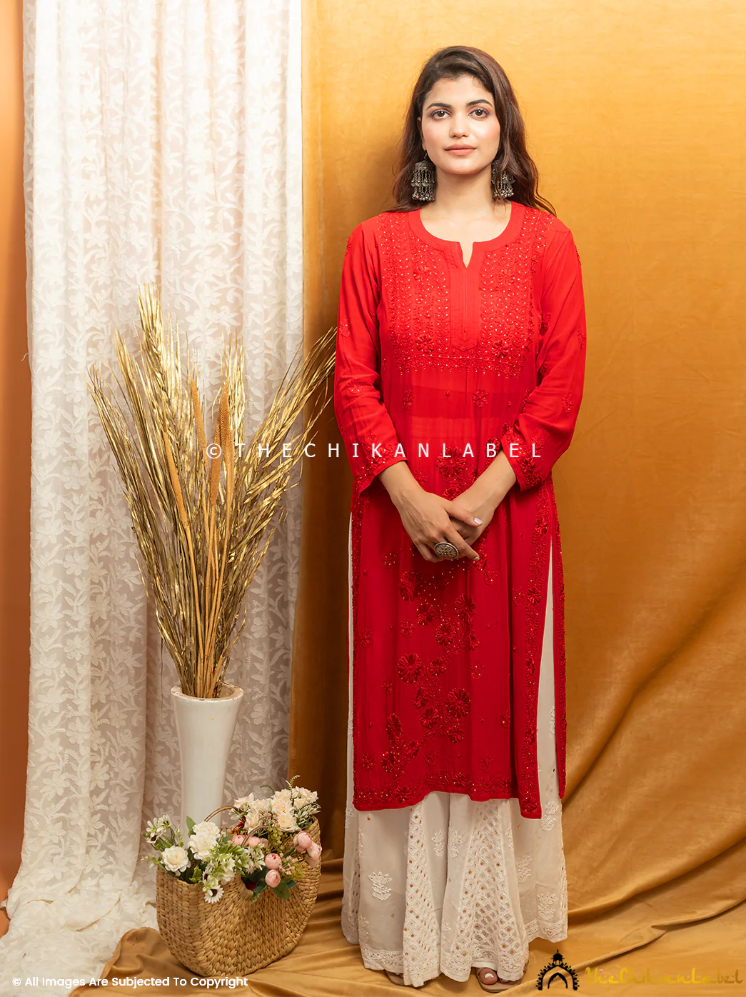 Avni Viscose Chikankari Straight Kurti-Red - Image 7
