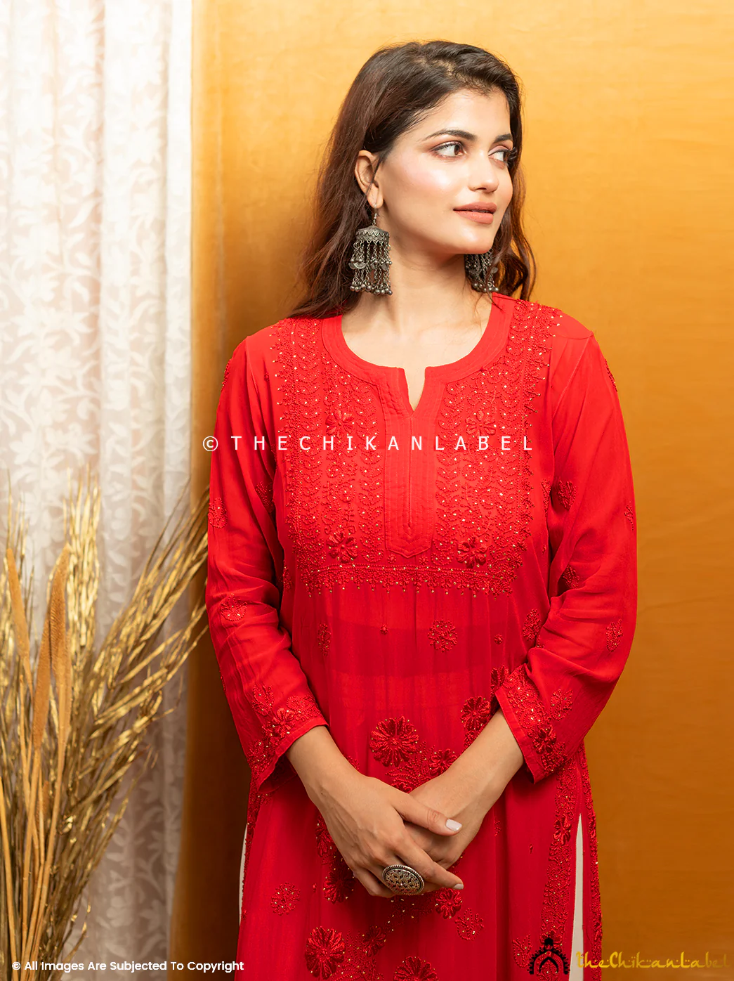 Avni Viscose Chikankari Straight Kurti-Red - Image 8