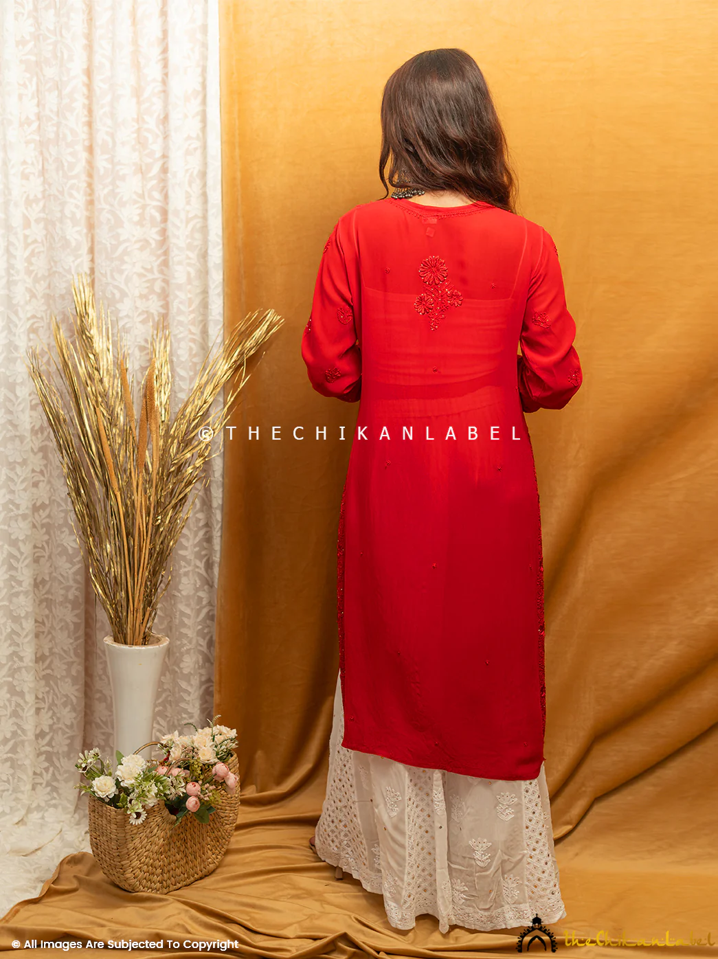 Avni Viscose Chikankari Straight Kurti-Red - Image 9