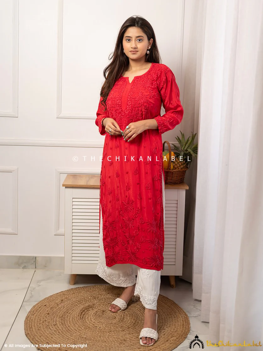 Bindiya Crepe Chikankari Straight Kurti - Red
