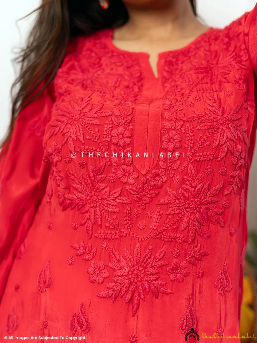 Bindiya Crepe Chikankari Straight Kurti - Red - Image 2