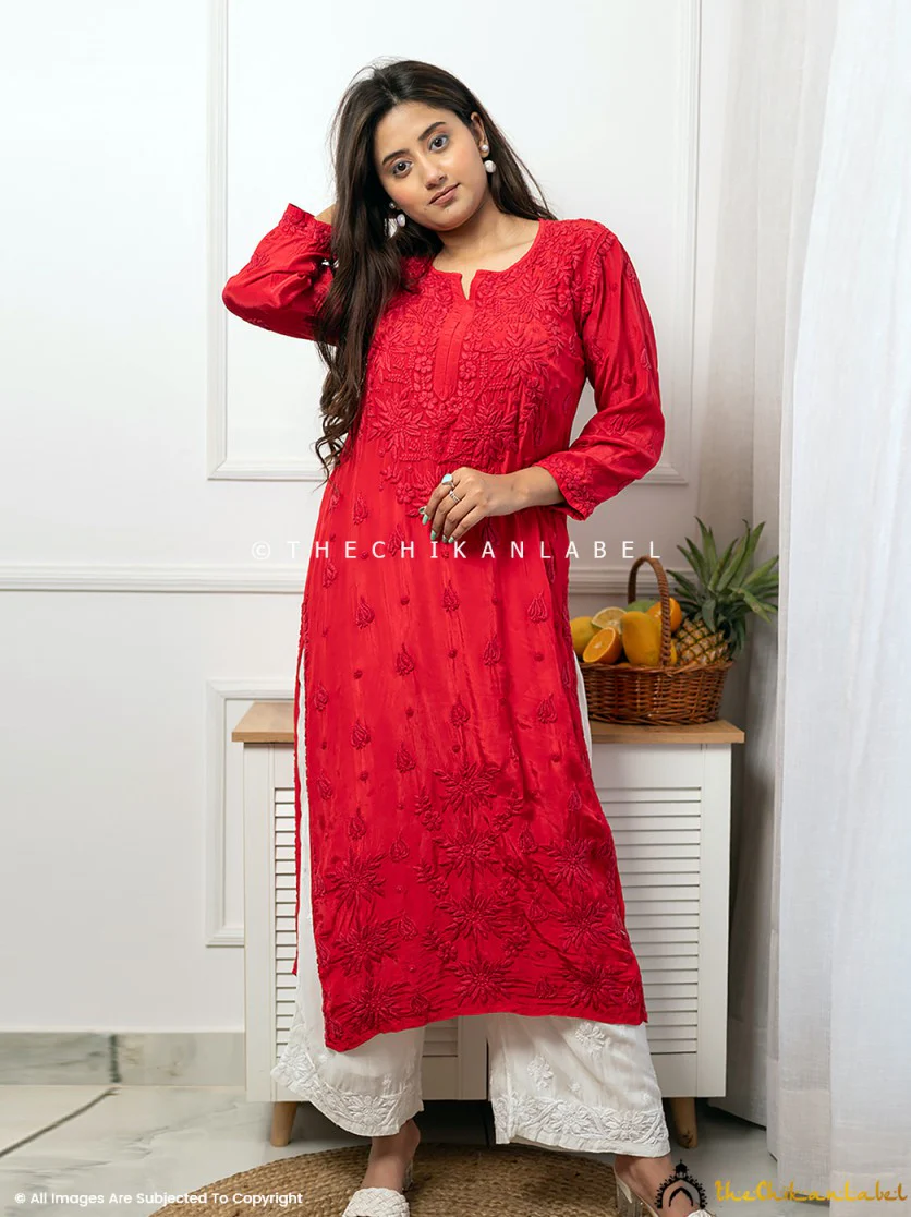 Bindiya Crepe Chikankari Straight Kurti - Red - Image 4