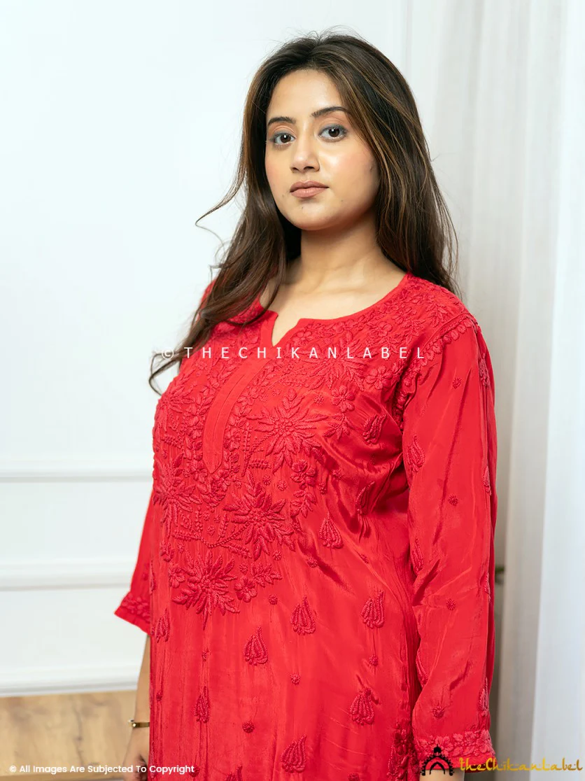 Bindiya Crepe Chikankari Straight Kurti - Red - Image 5