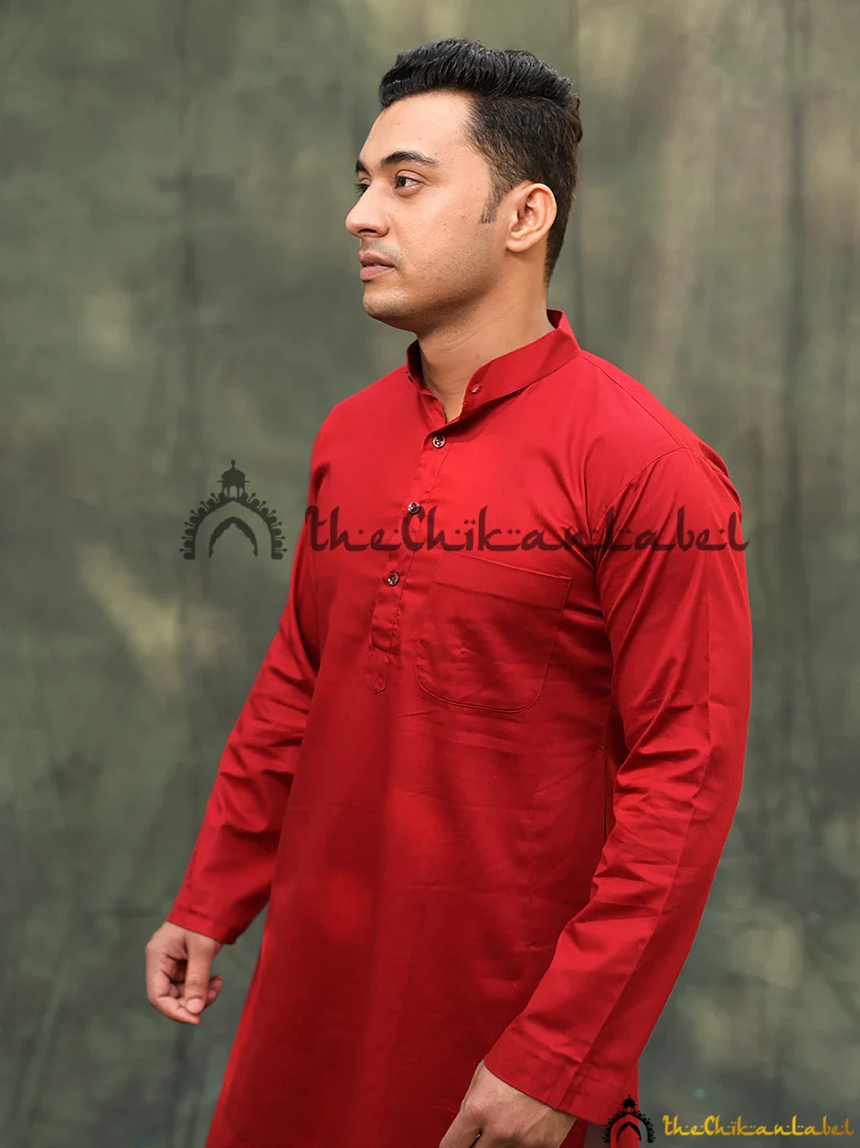 Red Cotton Mens Kurta Lucknawi Chikankari Handmade - Image 3