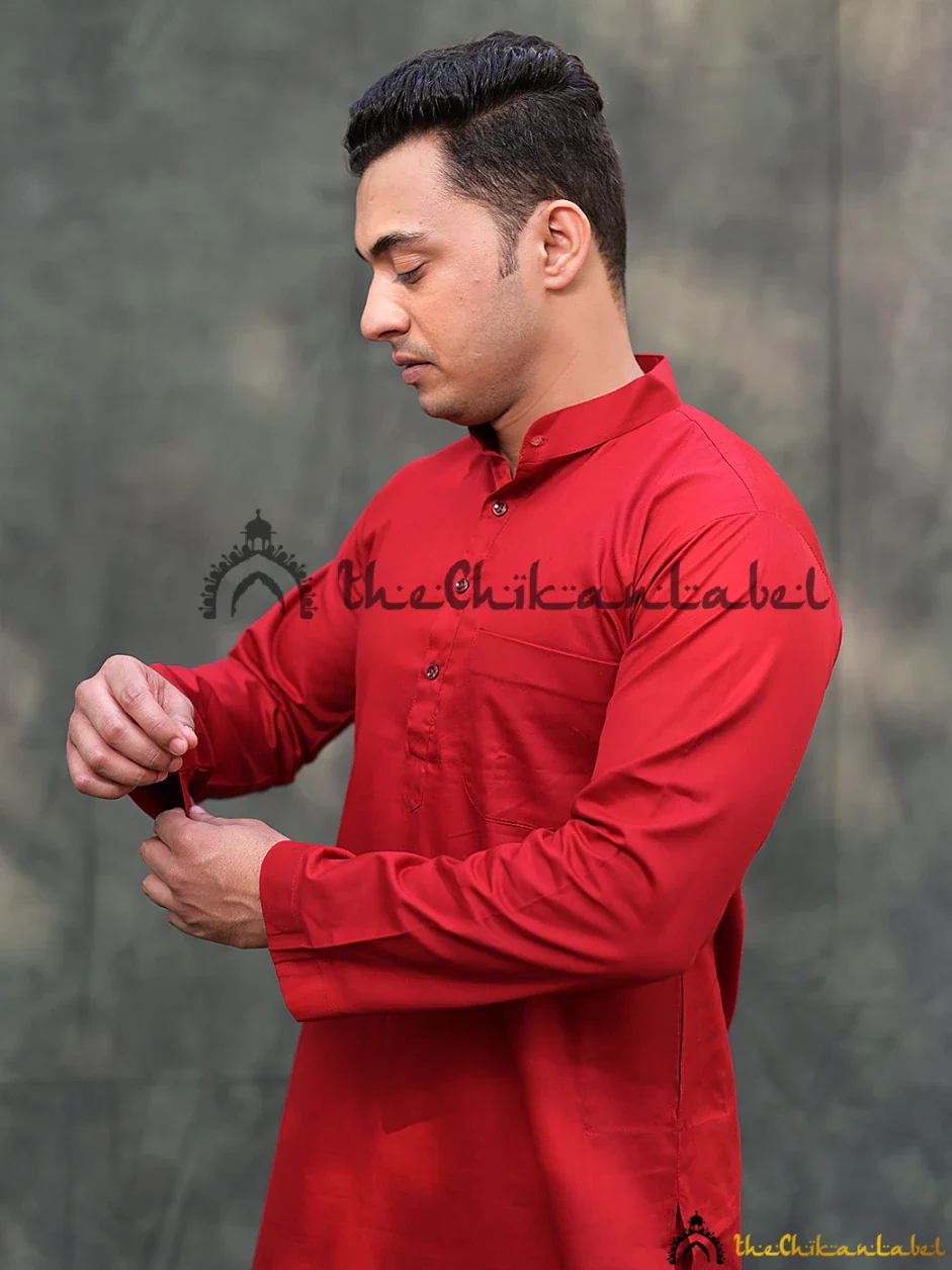 Red Cotton Mens Kurta Lucknawi Chikankari Handmade - Image 4