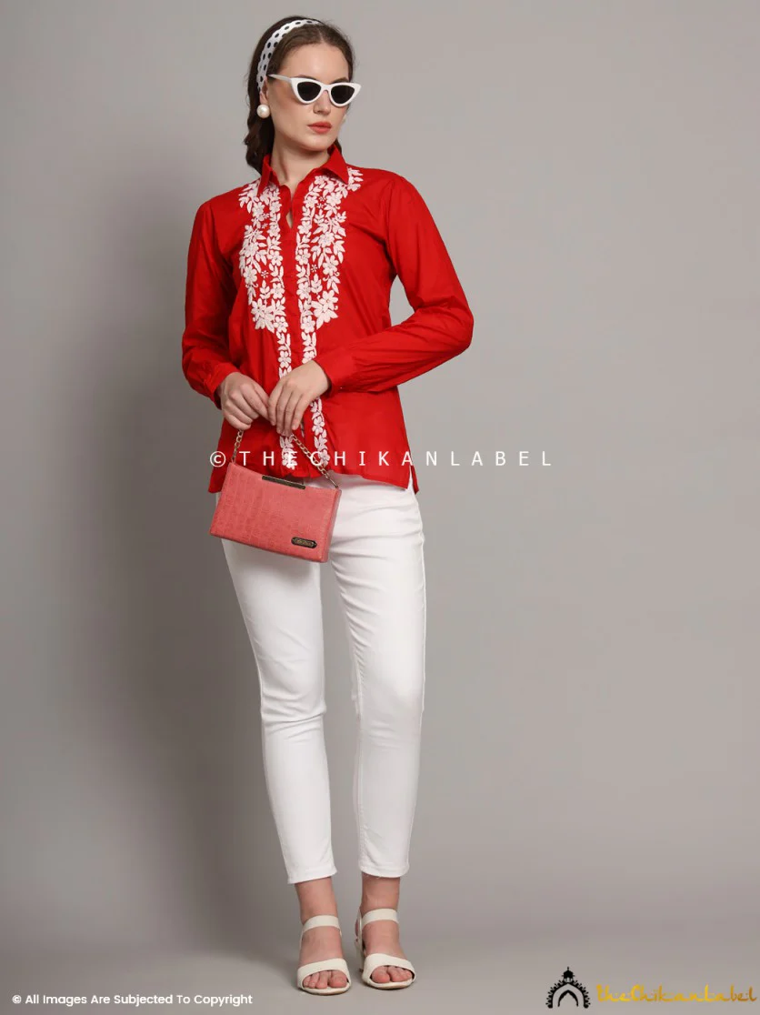 Drisha Mulmul Cotton Chikankari Shirt - Red - Image 10