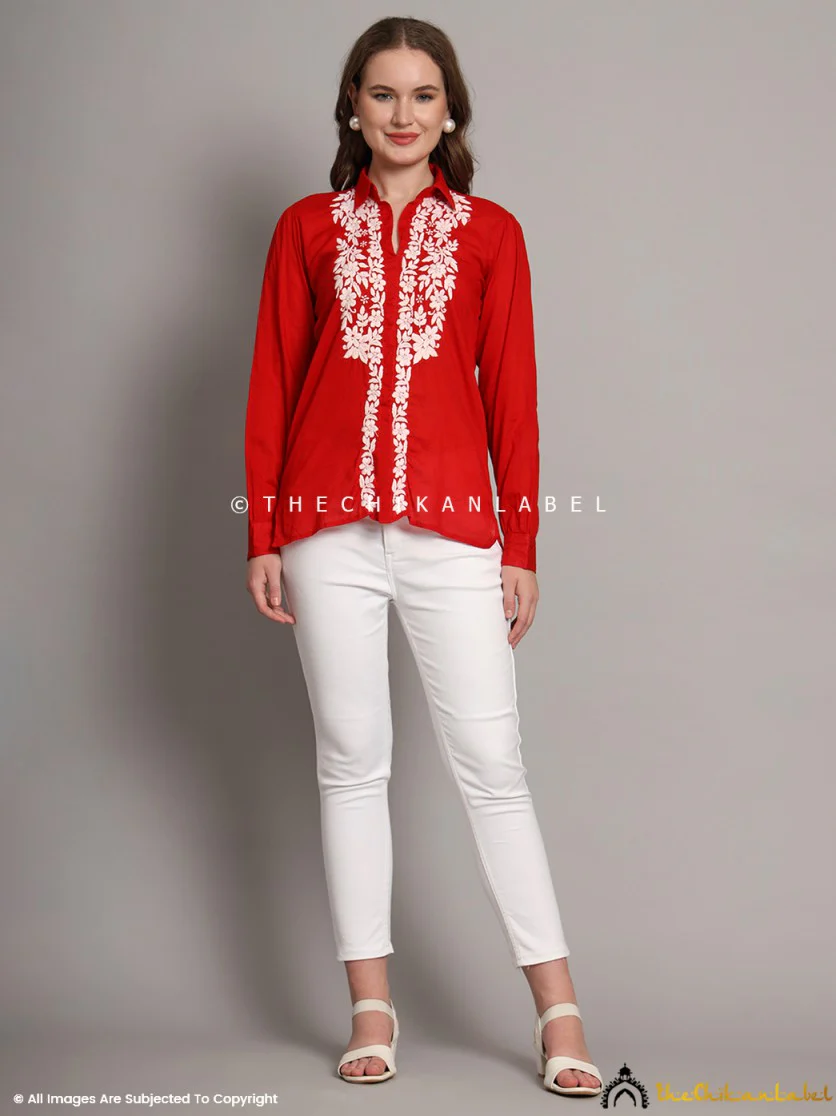 Drisha Mulmul Cotton Chikankari Shirt - Red - Image 11