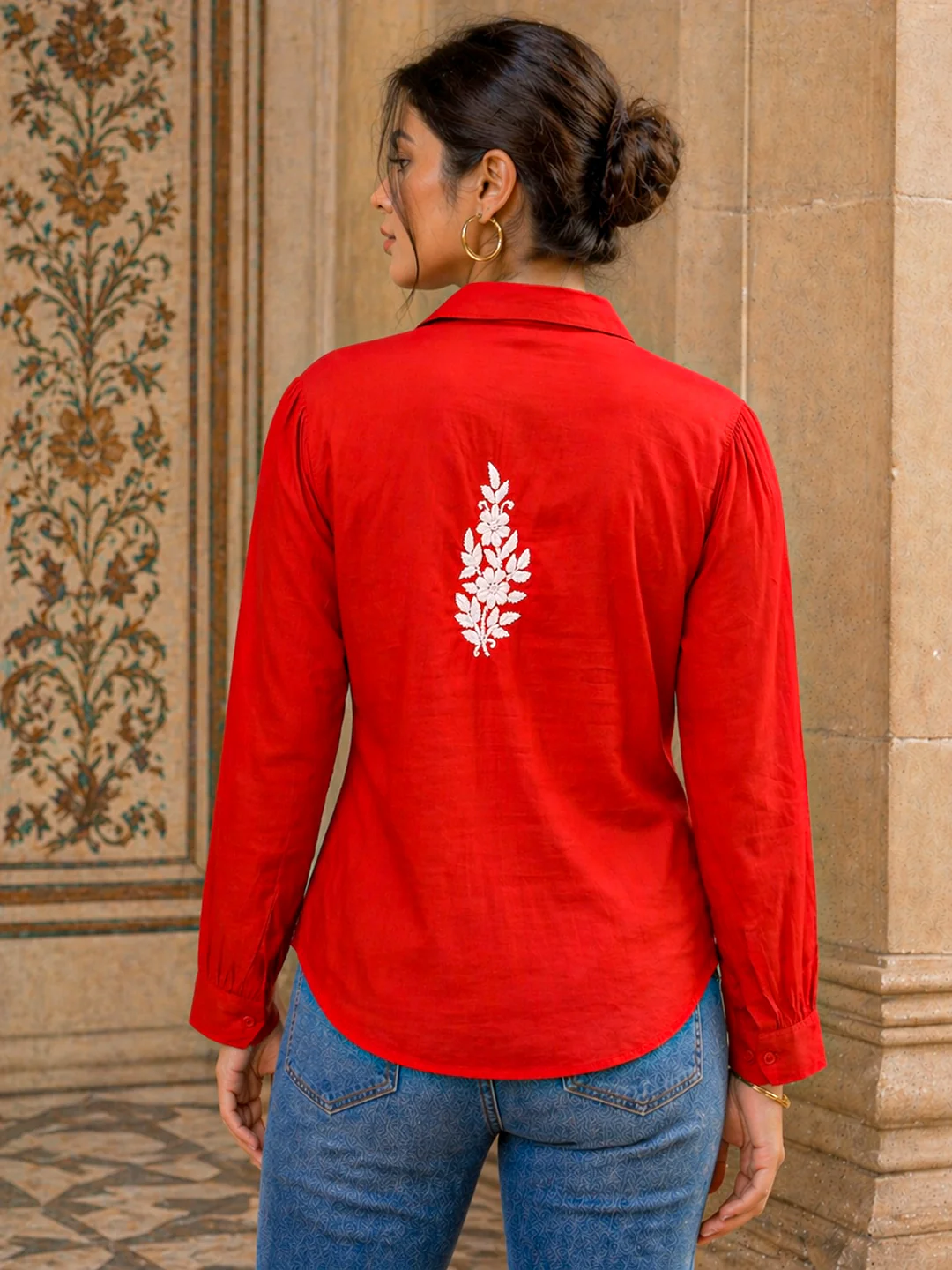 Drisha Mulmul Cotton Chikankari Shirt - Red - Image 3