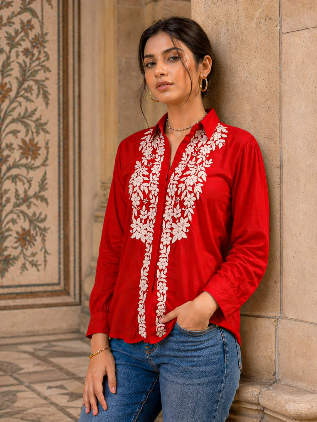 Drisha Mulmul Cotton Chikankari Shirt - Red - Image 4