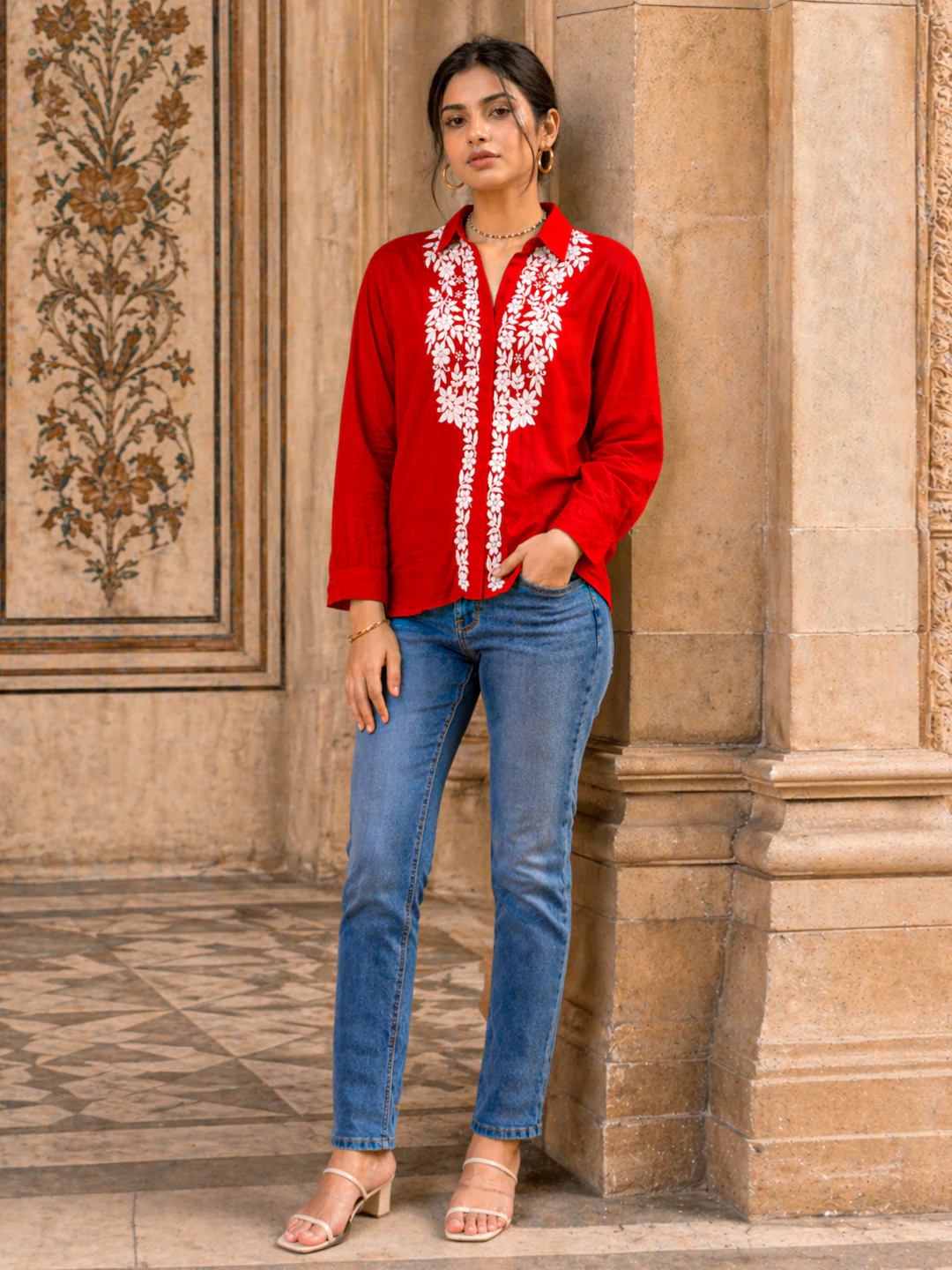 Drisha Mulmul Cotton Chikankari Shirt - Red - Image 5