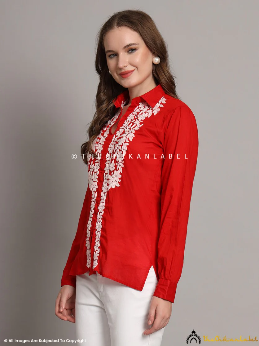 Drisha Mulmul Cotton Chikankari Shirt - Red - Image 6