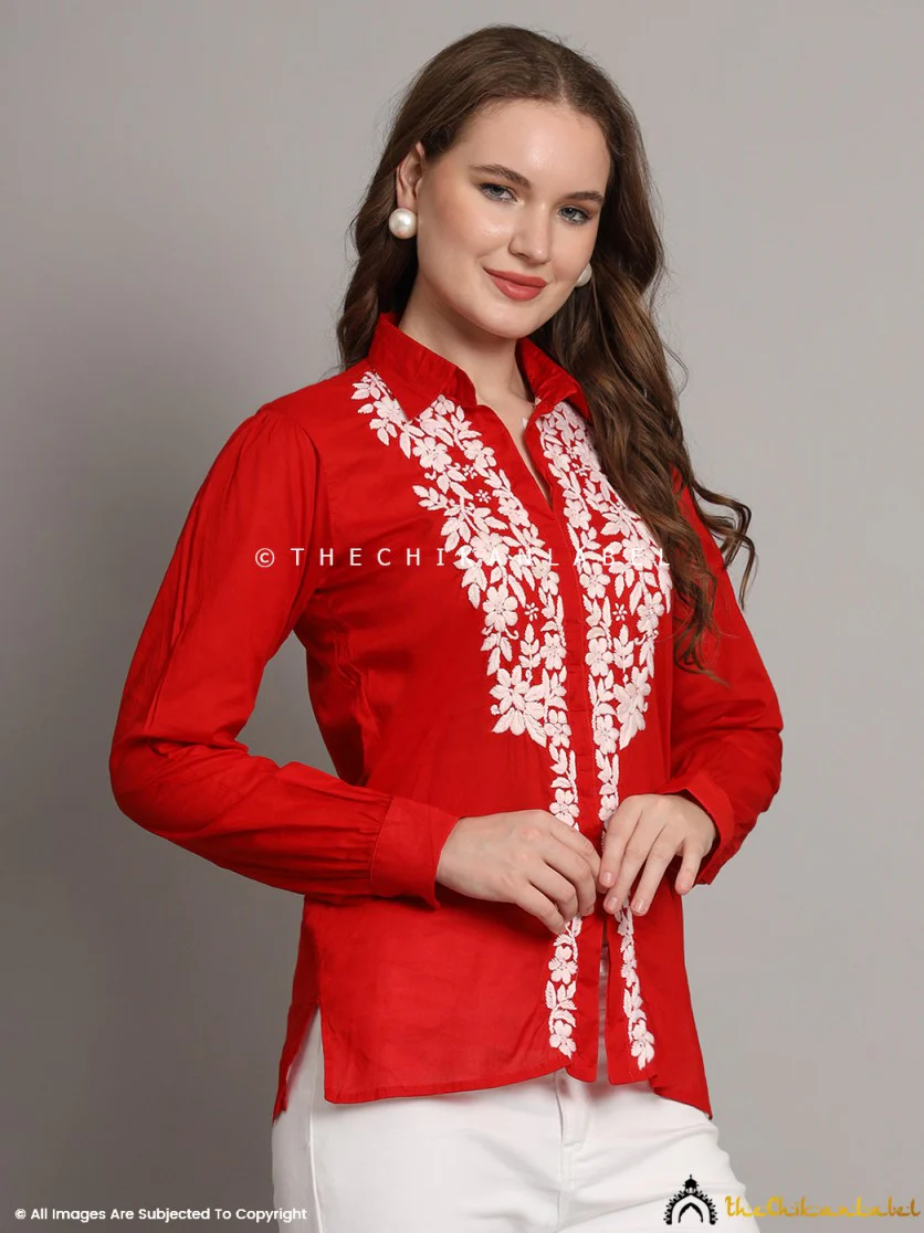 Drisha Mulmul Cotton Chikankari Shirt - Red - Image 7