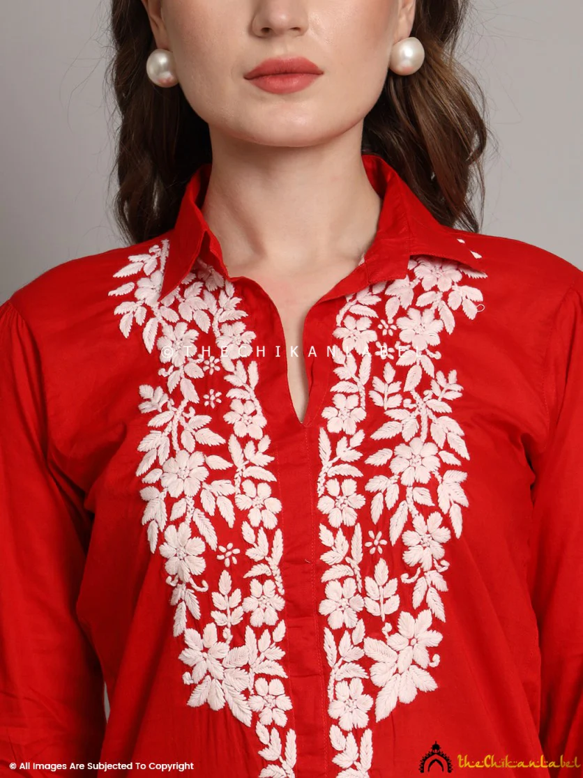 Drisha Mulmul Cotton Chikankari Shirt - Red - Image 8
