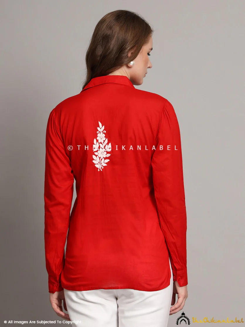 Drisha Mulmul Cotton Chikankari Shirt - Red - Image 9
