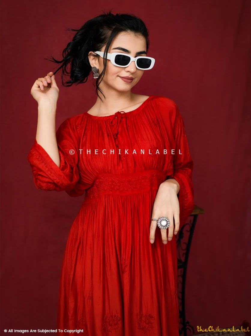 Red Ezzah Muslin Chikankari Tunic Dress - Image 2