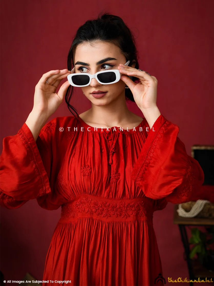 Red Ezzah Muslin Chikankari Tunic Dress - Image 3