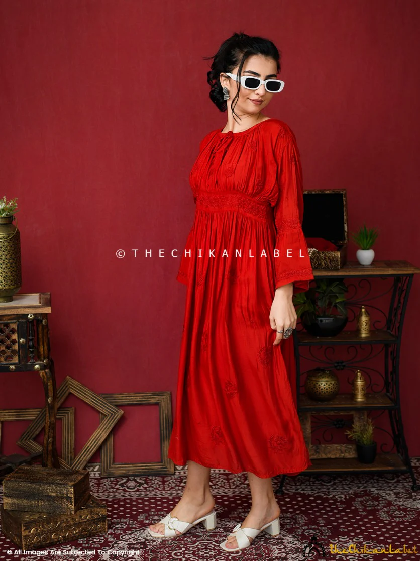 Red Ezzah Muslin Chikankari Tunic Dress - Image 4