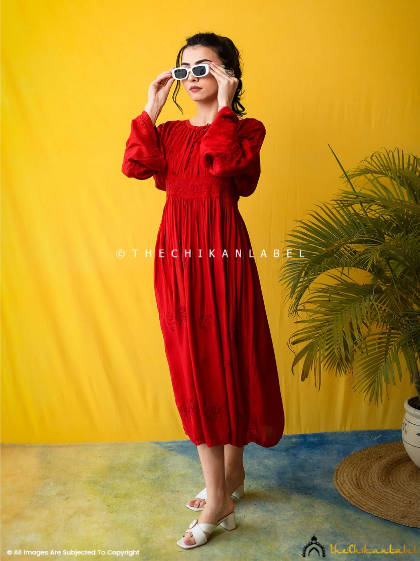 Red Ezzah Muslin Chikankari Tunic Dress - Image 5