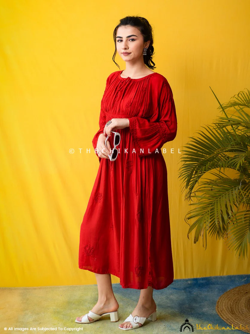 Red Ezzah Muslin Chikankari Tunic Dress - Image 6
