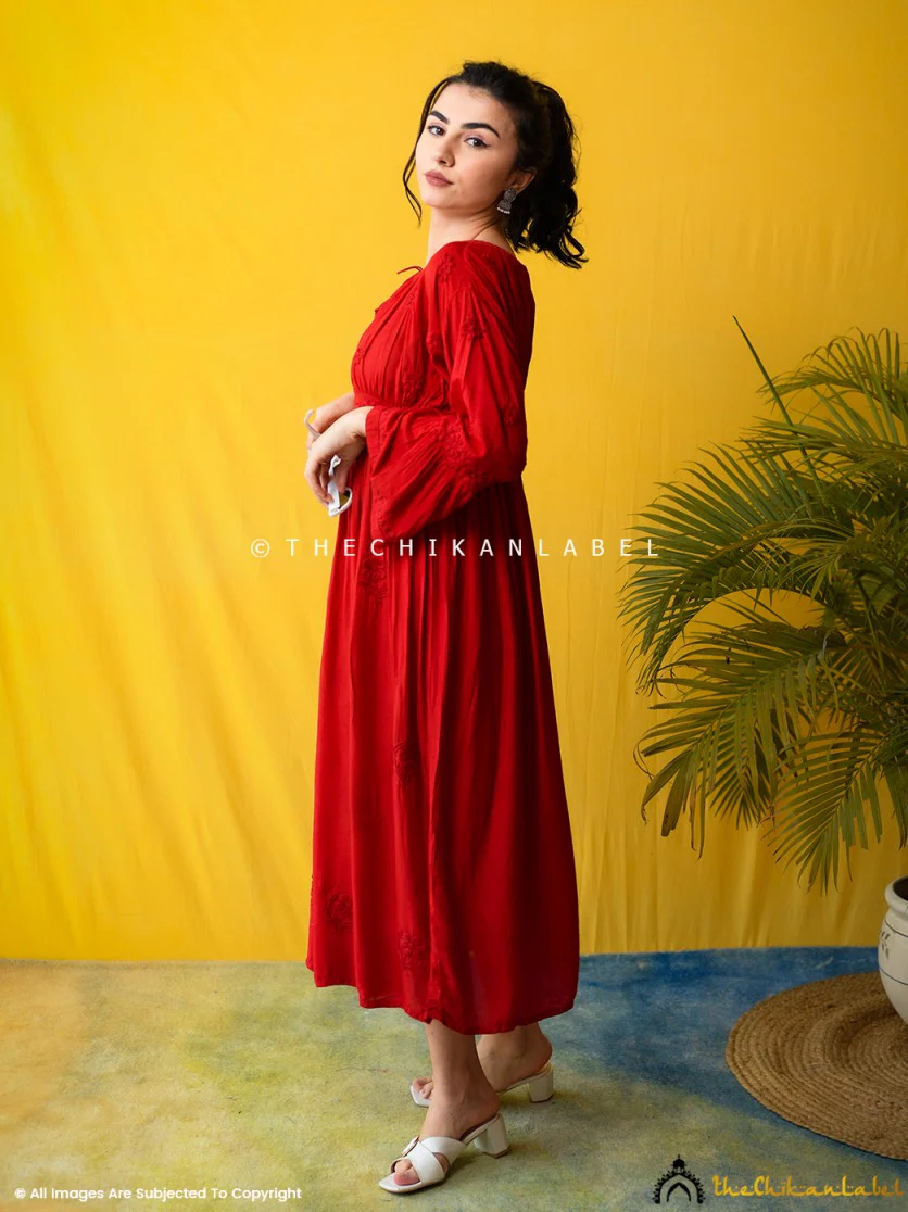 Red Ezzah Muslin Chikankari Tunic Dress - Image 7