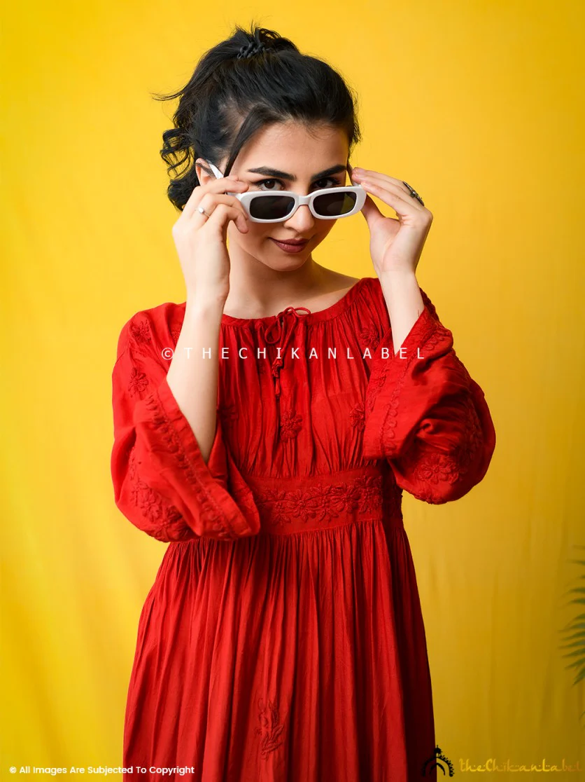 Red Ezzah Muslin Chikankari Tunic Dress - Image 8