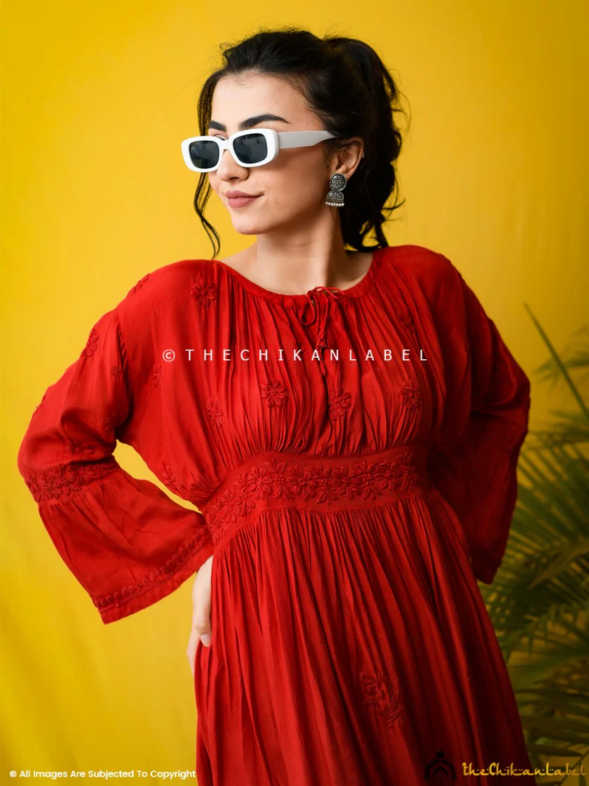 Red Ezzah Muslin Chikankari Tunic Dress - Image 9