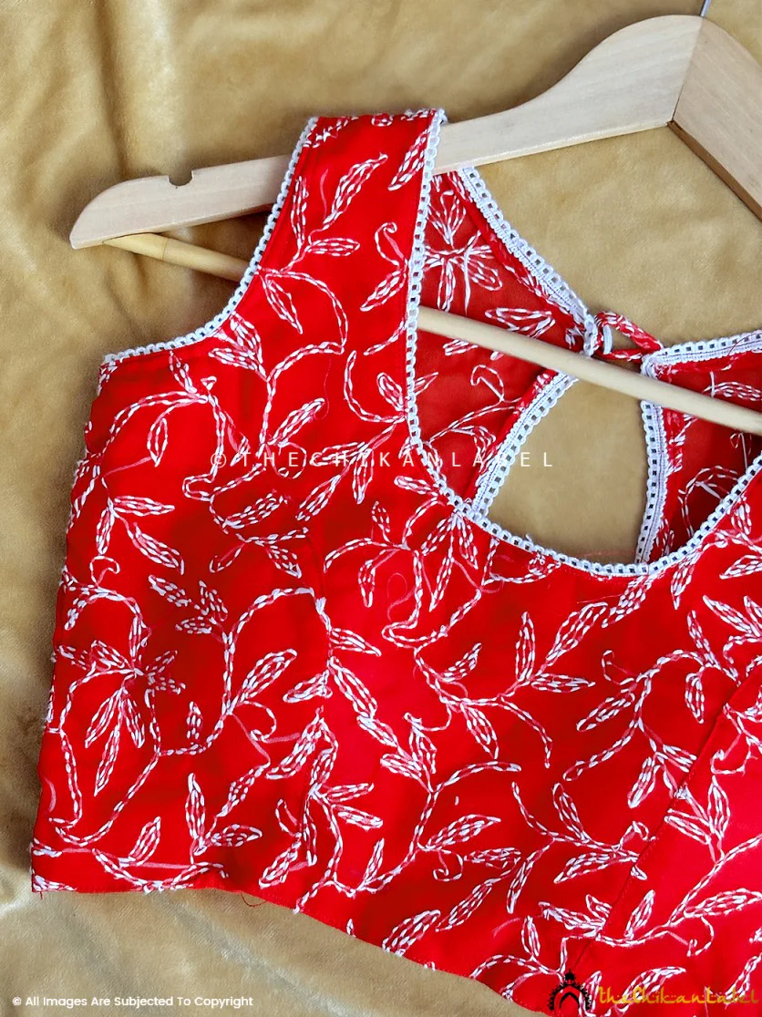 Red Georgette Chikankari Blouse For Lucknowi Chikan Sarees - Image 3