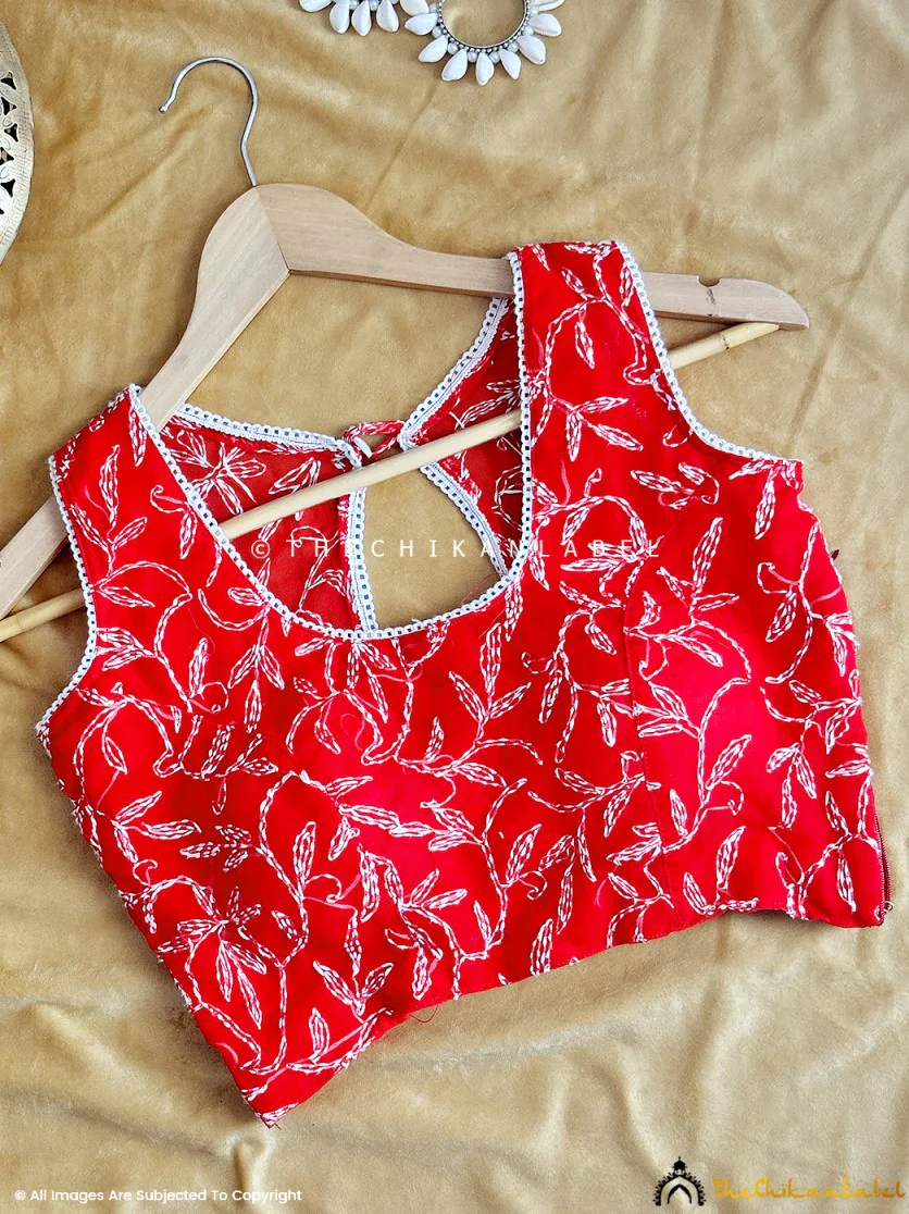 Red Georgette Chikankari Blouse For Lucknowi Chikan Sarees - Image 4