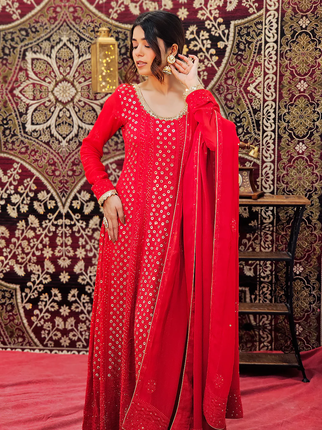 Gulmohar Viscose Chikankari Anarkali - Red - Image 8