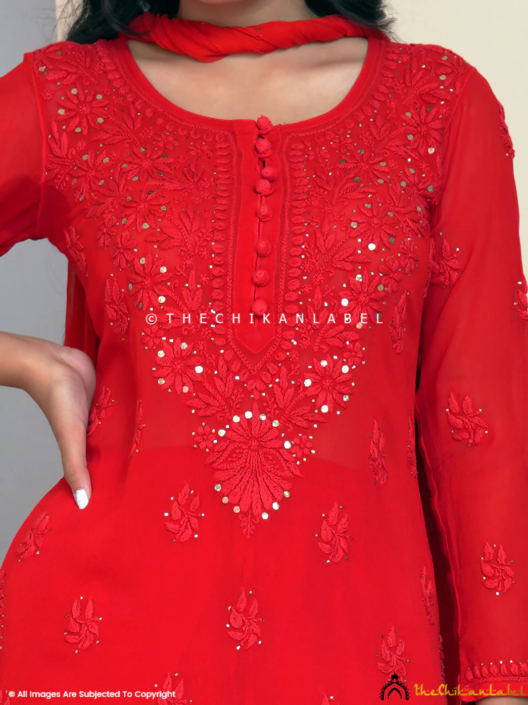 Red Haya Viscose Chikankari Kurta Set - Image 2