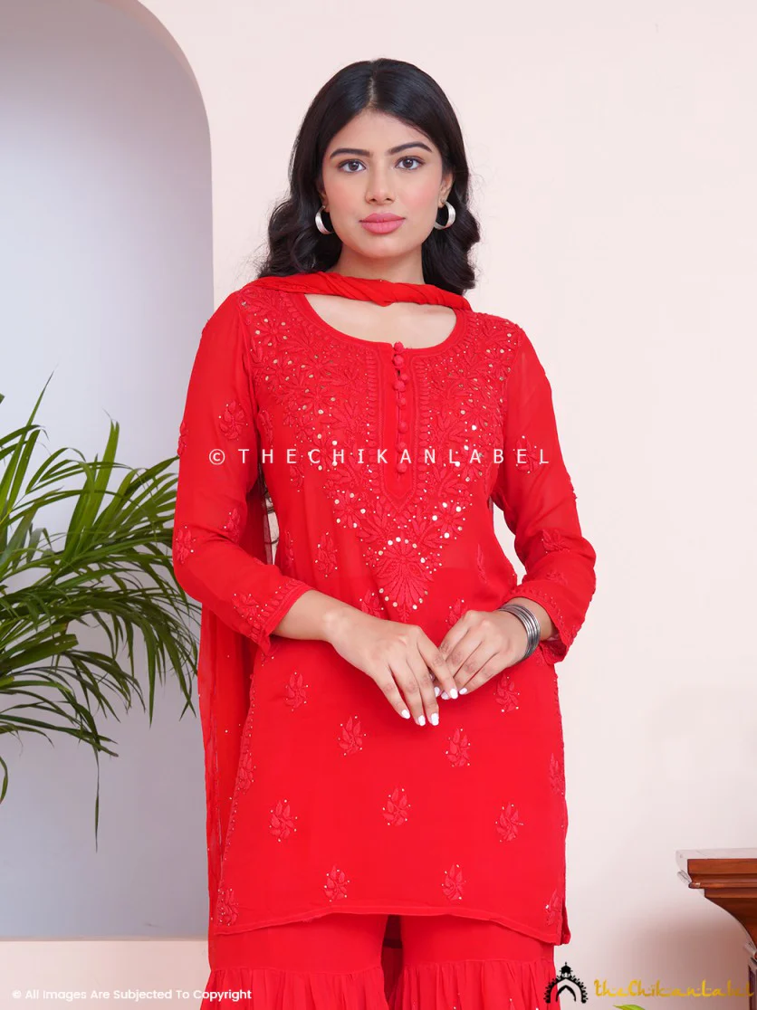 Red Haya Viscose Chikankari Kurta Set - Image 3