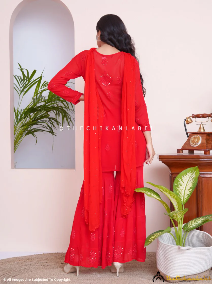 Red Haya Viscose Chikankari Kurta Set - Image 4