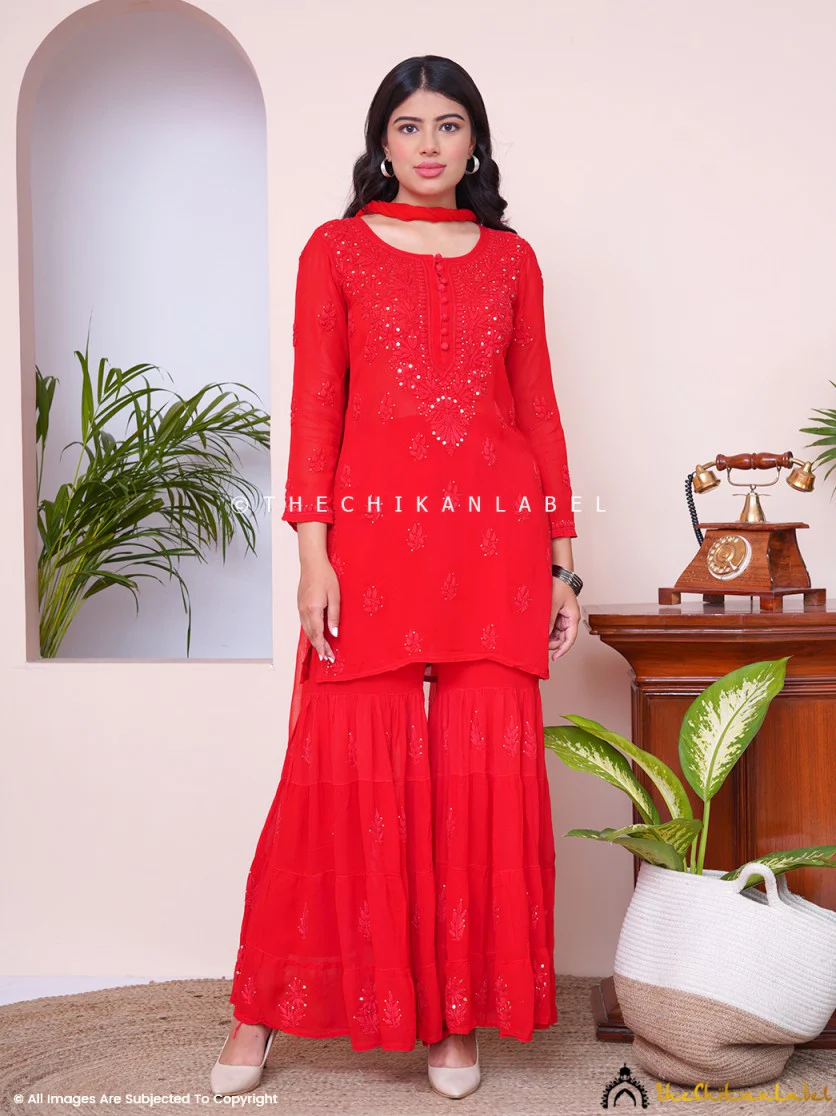 Red Haya Viscose Chikankari Kurta Set - Image 5