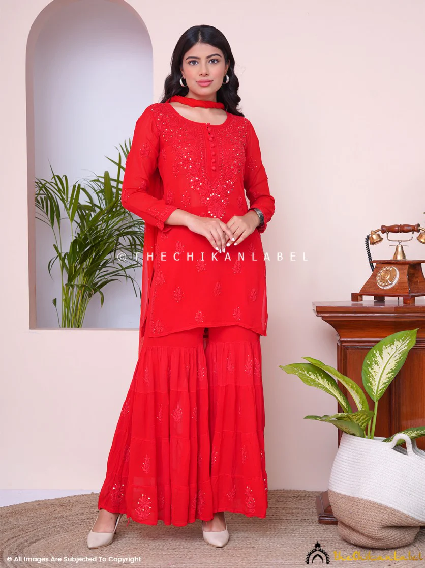 Red Haya Viscose Chikankari Kurta Set - Image 6