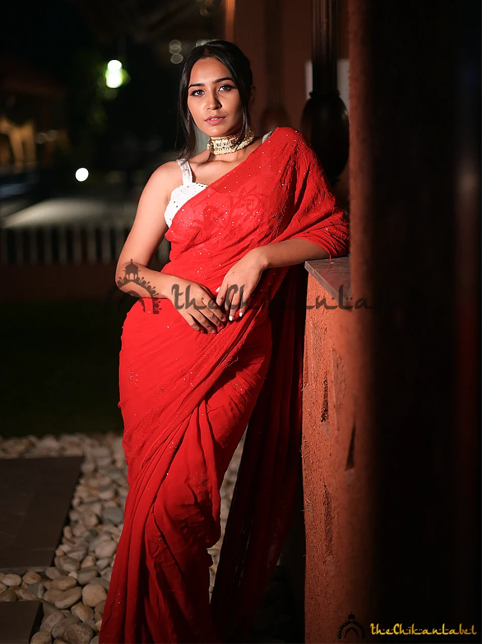 Red Heer Viscose Chikankari Saree - Image 2