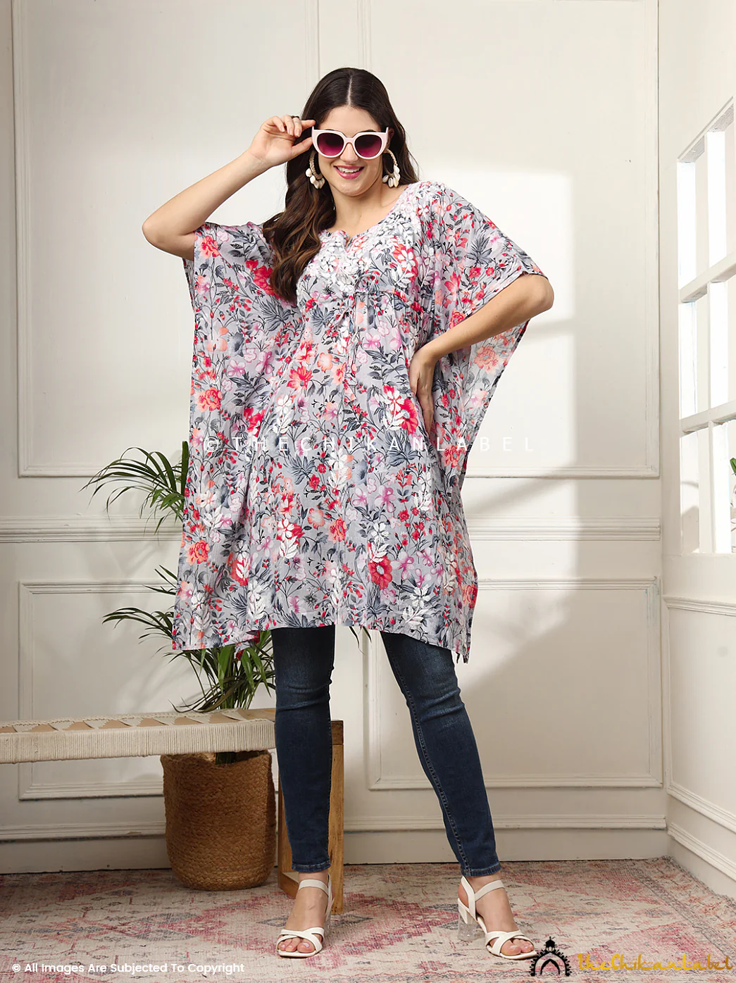 Himani Mulmul Cotton Short Kaftan - Red - Image 3