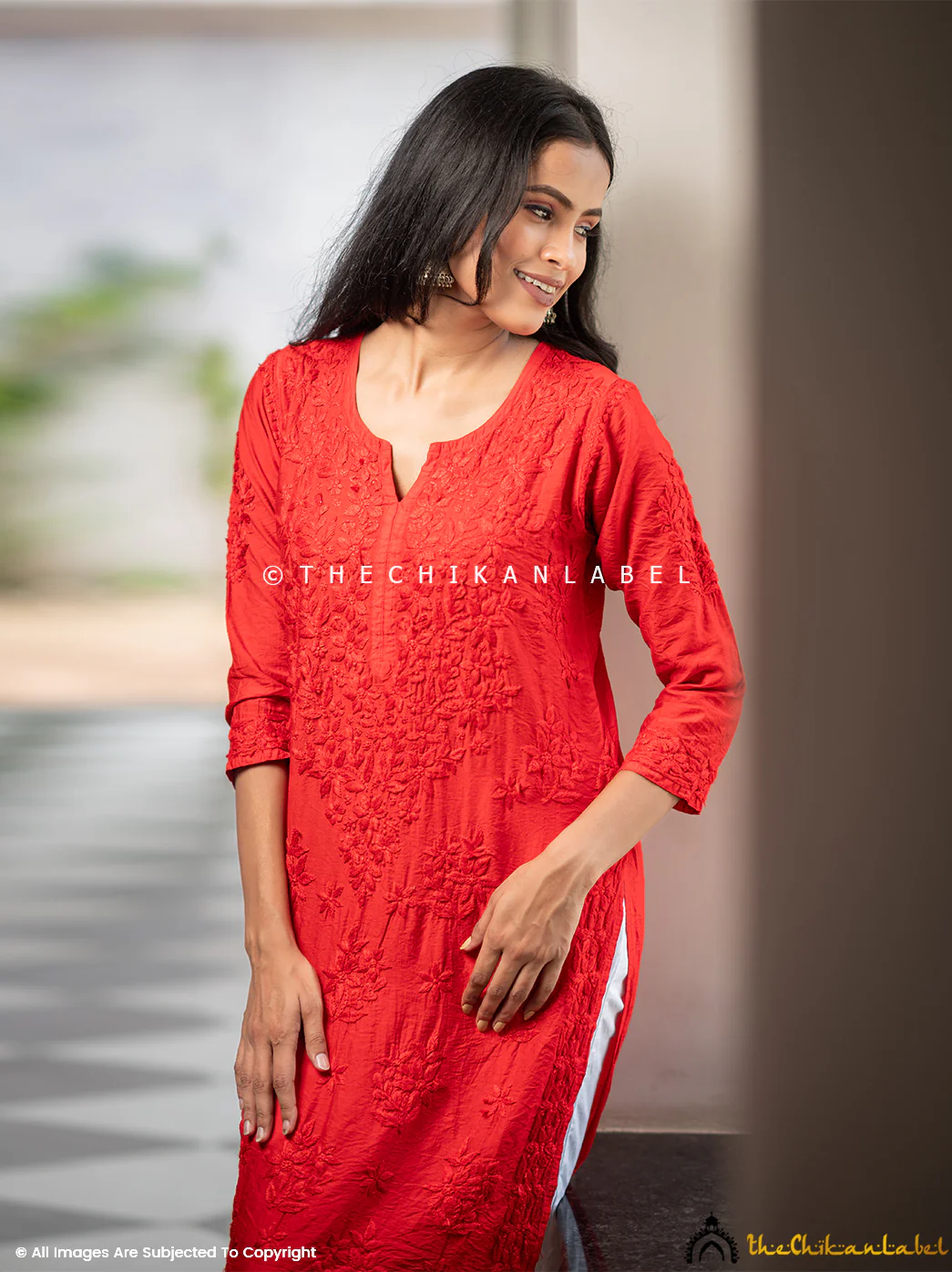 Iyada Chanderi Chikankari Straight Kurti-Red - Image 2