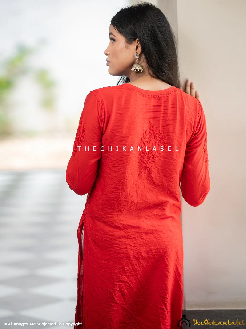 Iyada Chanderi Chikankari Straight Kurti-Red - Image 3