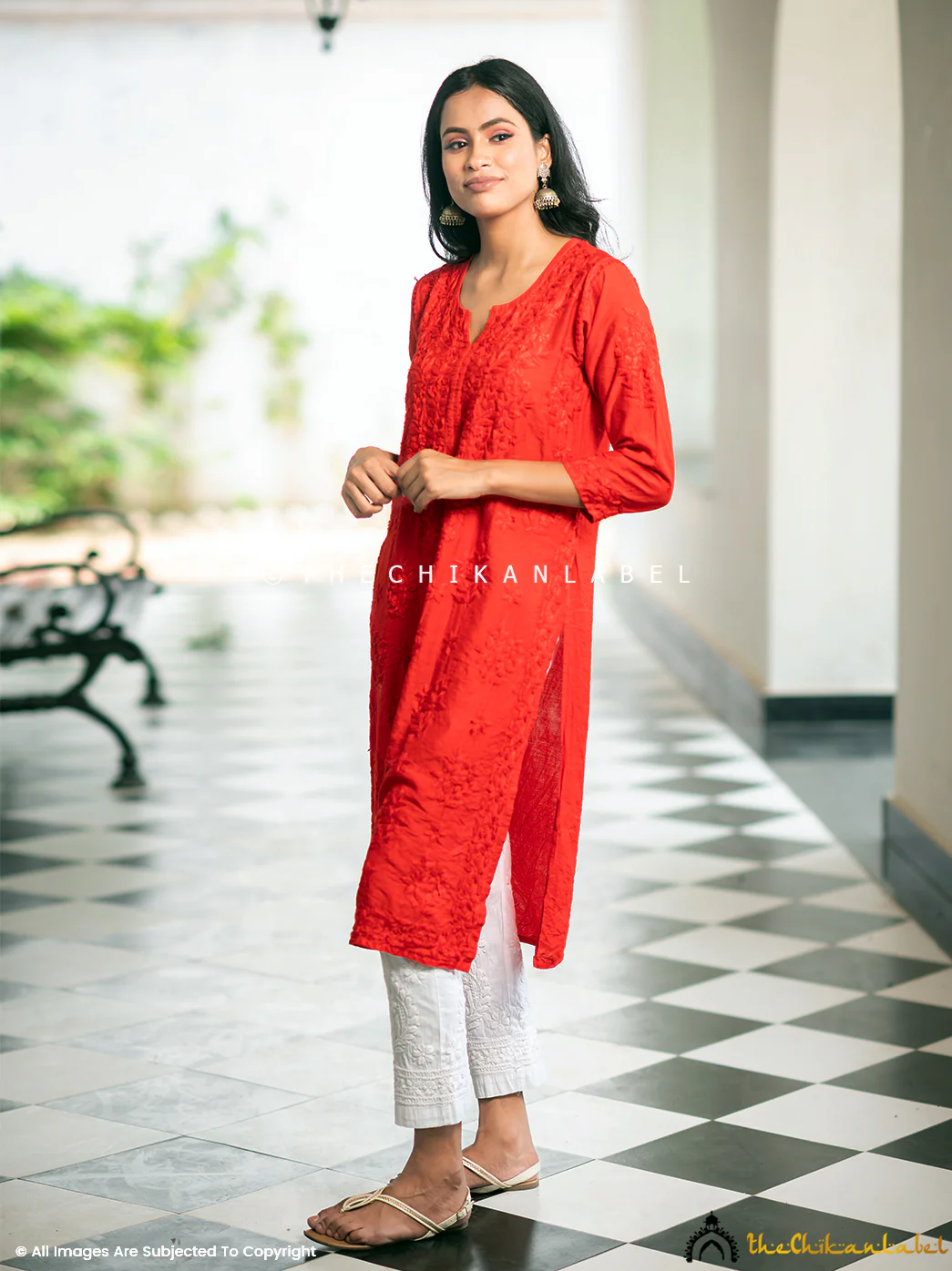 Iyada Chanderi Chikankari Straight Kurti-Red - Image 4