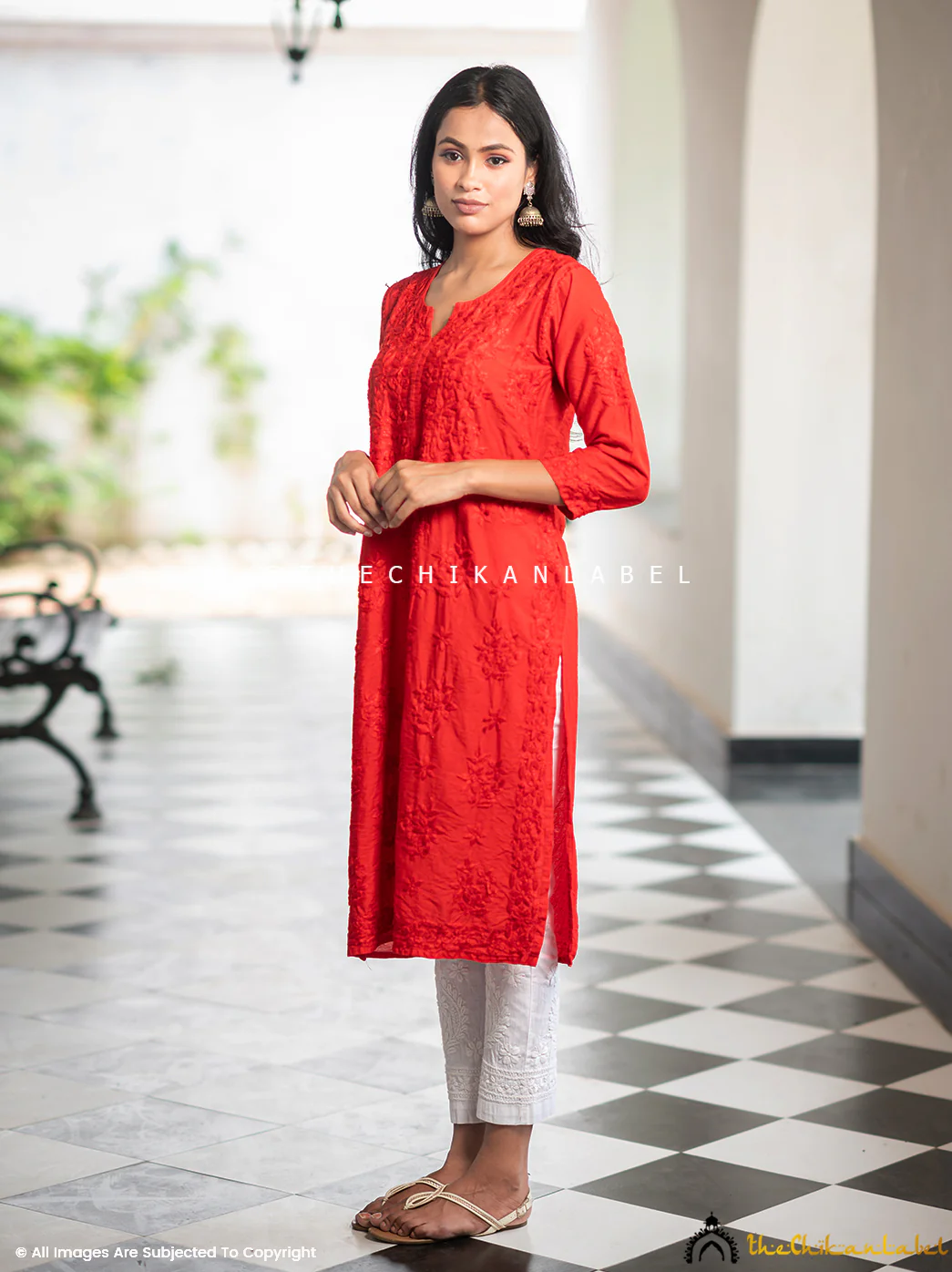 Iyada Chanderi Chikankari Straight Kurti-Red - Image 5