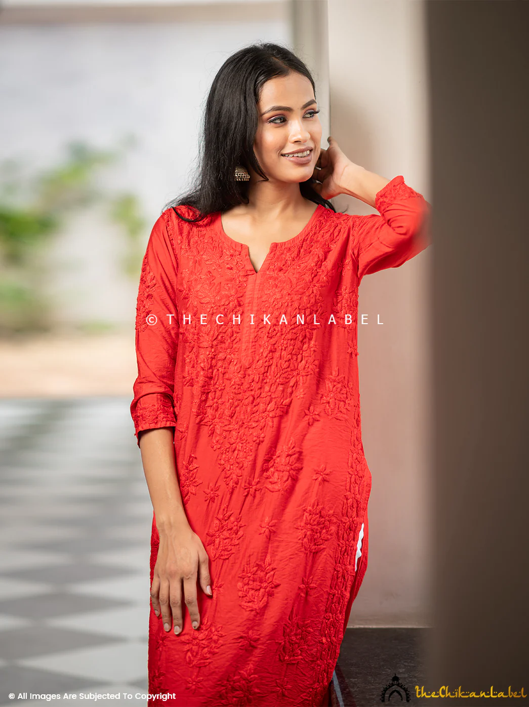 Iyada Chanderi Chikankari Straight Kurti-Red - Image 6