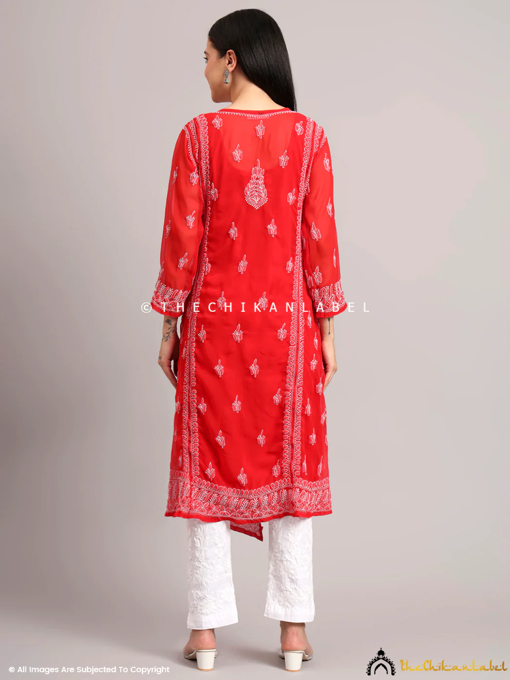 Jaanvi Georgette Chikankari Angrakha - Red - Image 3