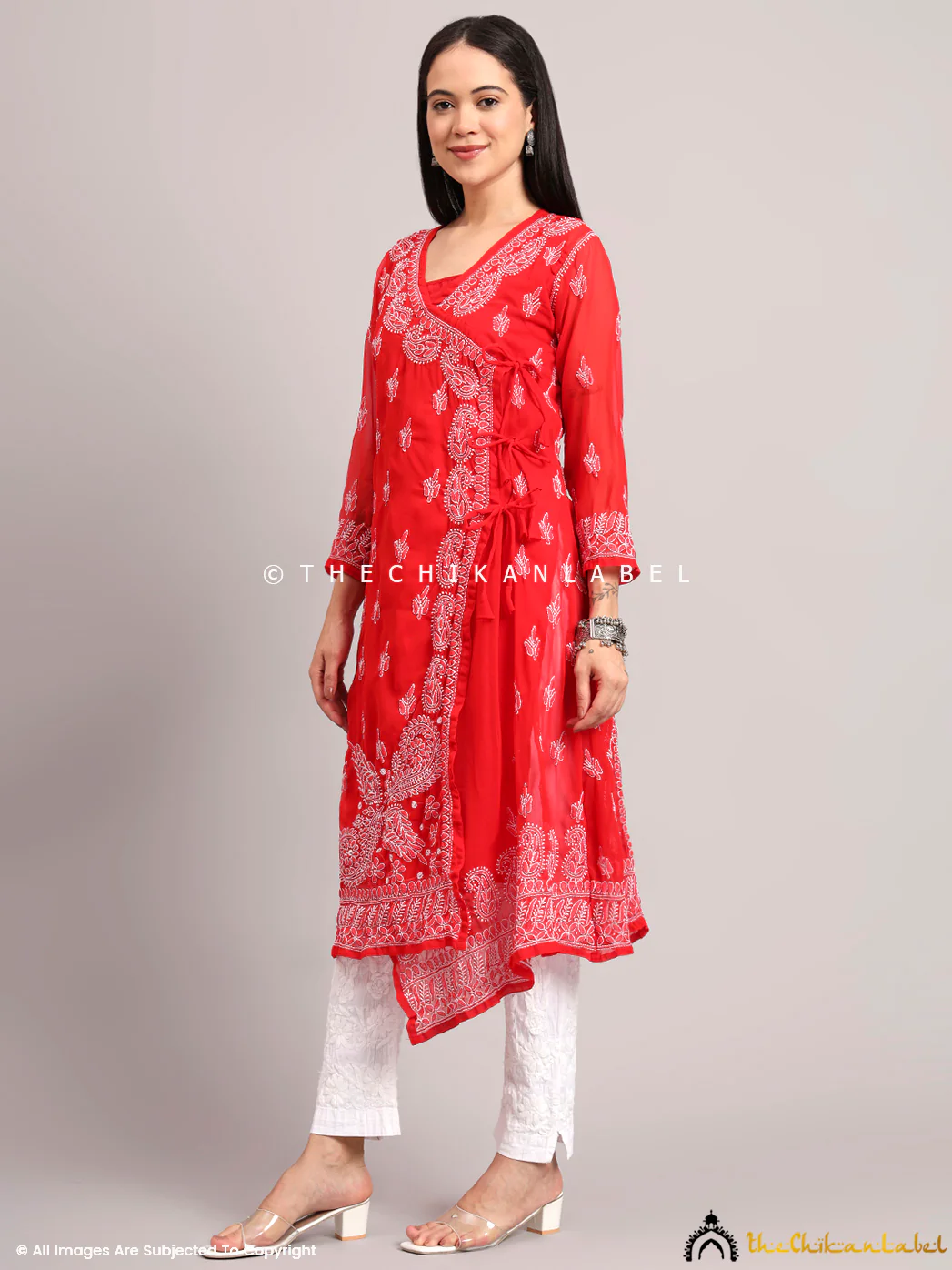 Jaanvi Georgette Chikankari Angrakha - Red - Image 4