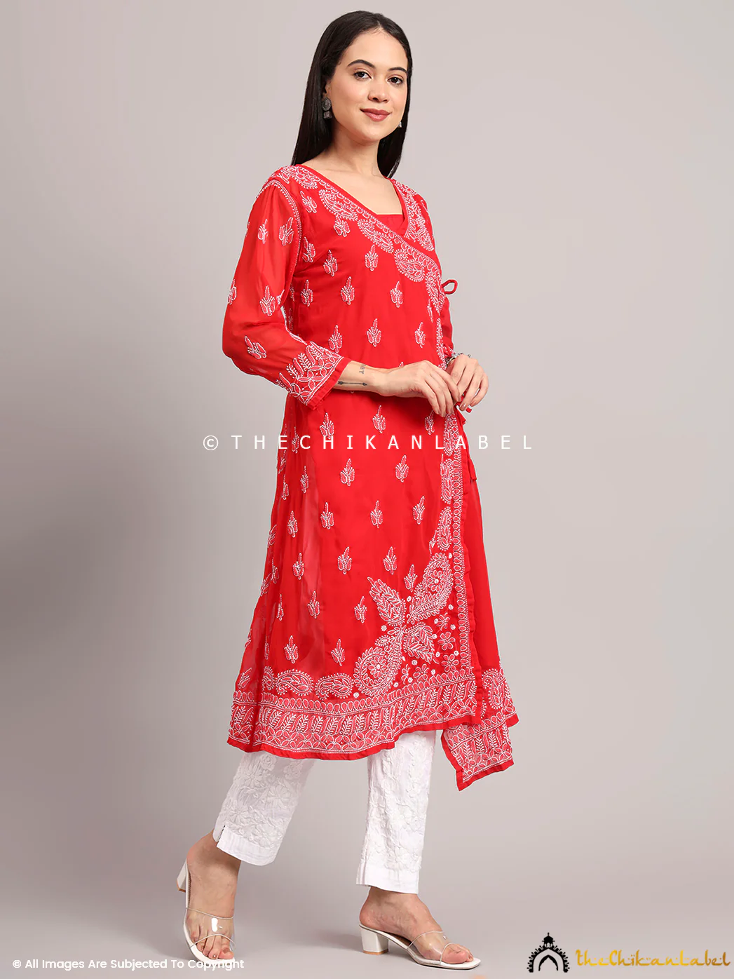 Jaanvi Georgette Chikankari Angrakha - Red - Image 5