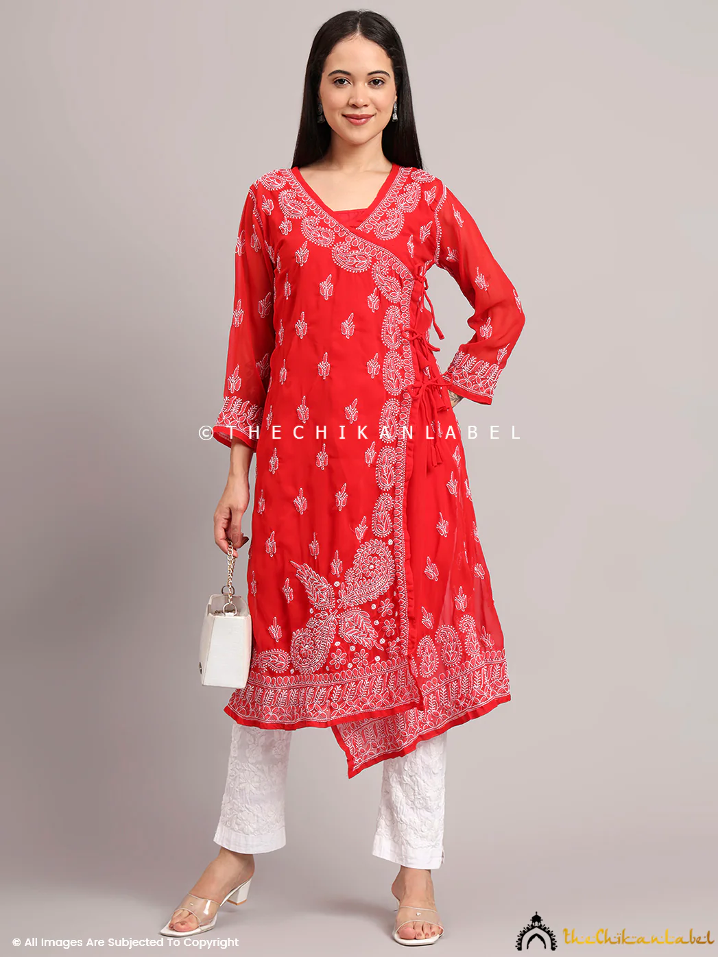 Jaanvi Georgette Chikankari Angrakha - Red - Image 6